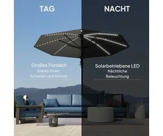 Outsunny aliumininis konsolinis skėtis su saulės LED apšvietimu, Ø300 cm, reguliuojamo aukščio, su alkūne, stovu, UV50+ apsauga, atsparus vandeniui, pasukamas 360°, pakreipiamas, tamsiai pilkas