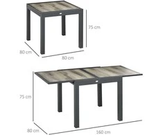 Outsunny sodo stalas, valgomojo stalas sodui su ištraukiamu stalviršiu, terasos stalas su medžio imitacija, aliumininis balkono stalas, smėlio ir pilka spalva, 160 x 80 x 75 cm