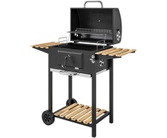 Outsunny mobilus nerūdijančio plieno kepsninė, vežimėlis su dangčiu, termometru, grotelėmis, ratukais, reguliuojama rankena ir anglių loveliu, grilis su medine lentyna, BBQ rūkykla kempingui ir sodui, 112x58x107cm