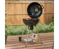 "Outsunny" medžio anglių kepsninė, BBQ kempingo kepsninė su grotelėmis, ratukais, lentyna, pelenų gaudykle, integruotu termometru, metalinė