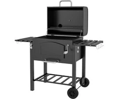 "Outsunny" medžio anglių kepsninė BBQ sodo kepsninė su dangčiu, lentynomis, rūkykla, pašildymo dėže, lentynomis, transportavimo ratukais, metalinė
