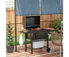 "Outsunny" medžio anglių kepsninė BBQ sodo kepsninė su dangčiu, lentynomis, rūkykla, pašildymo dėže, lentynomis, transportavimo ratukais, metalinė