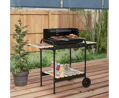 "Outsunny" medžio anglių kepsninė iš metalo BBQ rūkykla su ratukais, reguliuojamo aukščio grotelės, malkų stovas, mobili kepsninė ant vežimėlio, medžio anglių kepsninė, medžio anglių kepsninė, skirta kepsniams stovyklaujant, terasoje, 103x47x95 cm