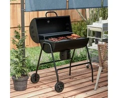 "Outsunny" medžio anglių kepsninė iš metalo BBQ rūkykla su dangčiu termometro ratukais reguliuojama medžio anglių padėklo rankena, mobilus grilio vežimėlis medžio anglių kepsninė, medžio anglių kepsninė, skirta kepsninei, stovyklavietei, terasai, 95x71,5x102 cm