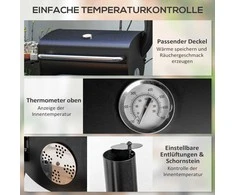 "Outsunny" medžio anglių kepsninės vežimėlis su dangčiu, lentynomis, ratukais, termometru, kaminu, nerūdijantis plienas, juodas