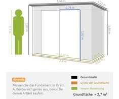 Outsunny plieno įrankių namelis, 2,7 m² sodo namelis su dvigubomis durimis, rakinamas sodo sandėliukas, atsparus UV spinduliams, 249 x 121 x 183 cm, pilkas