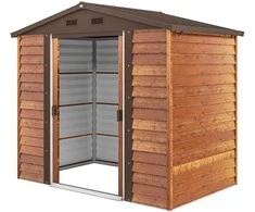 Outsunny metalinis sodo namelis, medžio imitacija, 3 m², 152 x 235,7 x 208,7 cm, įrankių pašiūrė su dvišlaičiu stogu, langu ir dvigubomis stumdomomis durimis, atsparus oro sąlygoms, lauko sandėliukas kiemui, rudas