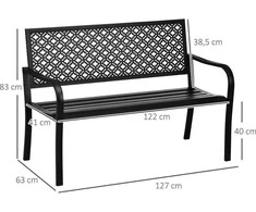 Outsunny plieno sodo suoliukas, 2 vietų parko suoliukas su atlošu ir porankiais, suoliukas su gėlių raštu, maks. 240 kg, juodas, 127 x 63 x 83 cm