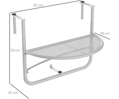 Outsunny Pakabinamas staliukas balkonui, reguliuojamo aukščio pusapvalis Ø30 cm - balta L60 x W45 x H50 cm