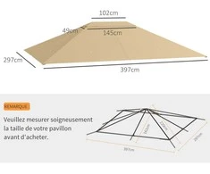 "Outsunny" pakaitinis 4 x 3 m pavėsinės stogas, vandeniui atsparus pavėsinės stogas su UV apsauga 30+, pakaitinė danga sodo pavėsinei, atsarginės dalys iš poliesterio audinio, 180 g/m², chaki spalvos