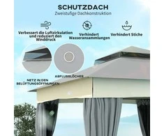 "Outsunny" pavėsinė su dvigubu stogu, 3x3 m Vandeniui atspari, stabili, atspari žiemai Sodo pavėsinė su tinkleliu nuo uodų, šoninės dalys, metalinė sodo pavėsinė, skirta sodui, terasai, tamsiai pilka