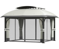 "Outsunny" pavėsinė su dvigubu stogu, 4x3,3 m Vandeniui atspari stabili žiemai atspari sodo pavėsinė su tinkleliu nuo uodų, šoninės dalys, sodo pavėsinė iš cinkuoto metalo, skirta sodui, terasai, šviesiai pilka