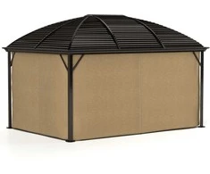 "Outsunny" pavėsinė su kietu stogu, 4x3 m vandeniui atspari, stabili, žiemai atspari sodo pavėsinė su tinkleliu nuo uodų, kabliais, šoninėmis dalimis, arkiniu stogu, aliuminio sodo pavėsinė, skirta sodui, terasai, ruda