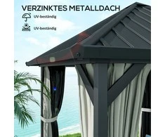 "Outsunny" pavėsinė su kietu stogu, maždaug 3x3 m, vandeniui atspari, stabili, žiemai atspari sodo pavėsinė su tinkleliu nuo uodų, šoninės dalys, metalinė sodo pavėsinė, pavėsinė sodui, terasai, tamsiai pilka