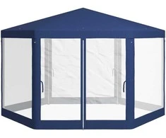 "Outsunny Pavilion" 4x3 m šešiakampis vandeniui atsparus stabilus žiemą atsparus paviljonas su tinkleliu nuo uodų Vakarėlių palapinė Sodo palapinė su 6 šoniniais skydais Sodo paviljonas kempingui sode, mėlyna
