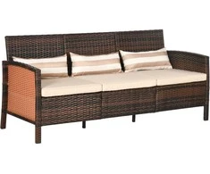 "Outsunny" rotango sodo poilsio sofa trivietė su pagalvėlėmis, plienas, ruda, 173 x 68 x 78 cm