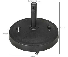 "Outsunny" skėčių stovas 23,5kg Mobilus skėčių laikiklis su ratukais Ø38/48 mm stulpams, sintetinė derva, skirtas sodui ir balkonui, juodas
