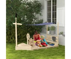 "Outsunny" smėlio dėžė didelė su dangčiu, laivo dizaino smėlio dėžė, medinė, virtuvės žaidimų rinkinys, 3-7 metų vaikams, 180x103x144,5 cm