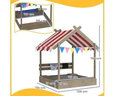 Outsunny smėlio dėžė su stogu, medinė smėlio dėžė su sėdimąja dalimi, žaidimų namelis, 124 x 116 x 146 cm smėlio dėžė su lenta 3-7 metų vaikams, sodui, pilka