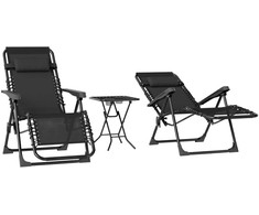 "Outsunny" sodo gultų rinkinys 3-PLG. sulankstomas gultas su arbatos staliuku, 2 kėdės, pagalvė, lauko gultas, atsparus oro sąlygoms, metalinis paplūdimio gultas sodui, terasai 90x56x110 cm, juodas