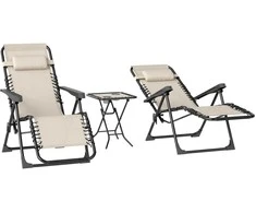 "Outsunny" sodo gultų rinkinys 3-PLG. sulankstomas gultas su arbatos staliuku, 2 kėdės, pagalvė, lauko gultas, atsparus oro sąlygoms, metalinis paplūdimio gultas sodui, terasai 90x56x110 cm, smėlio spalvos
