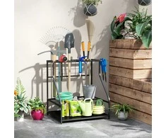 "Outsunny" sodo įrankių organizatorius 3 pakopų sodo įrankių stovas su kabliukais Sodo įrankių stovas iki 20 įrankių Įrankių laikiklis Universalus šluotų laikiklis garažui, angarui, lauke 84x53x73cm oranžinė