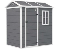 Outsunny plastikinis sodo namelis 2,1m² 186 x 130 x 199 cm, su dvišlaičiu stogu, grindimis, langu ir rakinamomis durimis, atsparus oro sąlygoms, pilkas