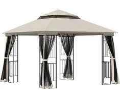 Outsunny Sodo pavėsinė su 4 x šonine sienele - smėlio spalvos 2,99 x 2,99 x 2,74 m