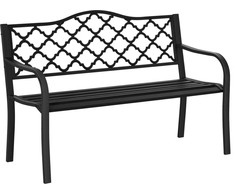 "Outsunny" sodo suoliukas 2-vietis Elegantiškas metalinis parko suoliukas, iki 240 kg, su atlošu ir porankiais, ketaus, juodas, 128x58,5x89 cm