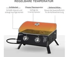 "Outsunny" stalo kepsninė Mobili dujinė kepsninė BBQ su 2 degikliais, kepsninės tinklas, lauko, nerūdijantis plienas, juoda, 55x46.5x41cm, maža, piknikas