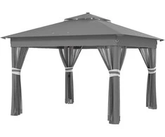 Outsunny sulankstomas paviljonas, apie 3 x 3 m, paviljonas su LED apšvietimu, 4 tinklelinės užuolaidos, šoninė sienelė, sodo paviljonas su vandens maišais, dvigubas stogas, krepšys nešiojimui, tamsiai pilkas