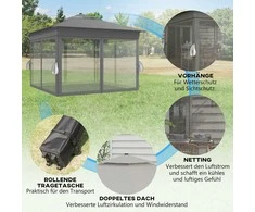 Outsunny Sulankstoma pavėsinė 3 x 3 m, pavėsinė su LED, 4 užuolaidos - tamsiai pilka