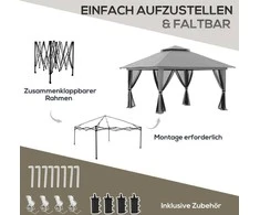 Outsunny sulankstomas paviljonas 4x4m, „pop-up“ sodo palapinė su apsauga nuo UV spindulių ir tinklelio sienelėmis, dvigubu stogu, tamsiai pilka