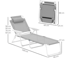 "Outsunny" sulankstomas sodo gultas su pagalve, 4 kryptimis reguliuojamas atlošas, oro sąlygoms atsparus kempingo gultas, sodo gultas iki 120 kg keliamosios galios, skirtas sodui, lauko paplūdimiui, šviesiai pilkas