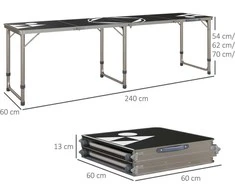 Outsunny Beer Pong stalas, sulankstomas kempingo stalas, 240 x 60 cm, reguliuojamo aukščio, kelioninis stalas sodui, balkonui, aliuminis, juodas