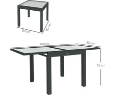 Outsunny Table Extensible de Jardin Grande Taille Matmenys: 160L x 80W x 75H cm Aliuminis Tamsiai pilka Grūdinto stiklo stalviršis Skaidrus