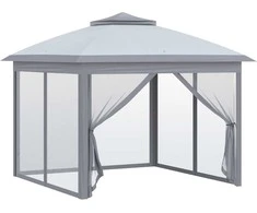 "Outsunny Tonnelle" 3 x 3 m sodo pavėsinė pop-up sulankstoma palapinė dvigubas stogas 4 nuimami tinkleliai nuo uodų + krepšys Oksfordo audinys metalinė pilka spalva