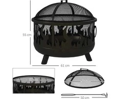 "Outsunny" ugniakuras "2-in-1" su kibirkščių apsauga ir grotelėmis, skirtas sodo BBQ, metalinis, juodas, Ø61x55cm