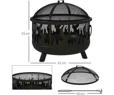 Outsunny 2-in-1 laužavietė, kepsninė su apsauga nuo žiežirbų ir grotelėmis, skirta sodui, BBQ, metalinė, juoda, Ø61x55cm