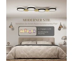 Pakabinamas šviestuvas HOMCOM LED lubinis šviestuvas 38W 1500LM 3000K-6500K, svetainės lubinė lempa su 4 lemputėmis ir nuotolinio valdymo pulteliu, juoda+auksinė