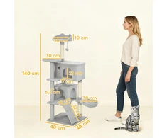PawHut 140 cm kačių draskyklė, kelių lygių, sizalio draskymo stulpai, nameliai, pliušinės platformos, hamakas, kopėčios, žaisliniai kamuoliukai