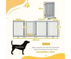 PawHut 4 dalių šunų atitvaras, 204 x 75 cm sulankstomi apsauginiai varteliai su durelėmis, laisvai stovintis šunų atitvaras su 2 atraminėmis kojelėmis, mediniai laiptų varteliai koridoriui, virtuvei, laiptams, šviesiai pilki