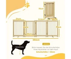 PawHut 4 dalių sulankstoma šunų apsauginė tvorelė, 204 x 75 cm, su durelėmis, laisvai pastatoma, su 2 atraminėmis kojelėmis, medinė tvorelė laiptams, koridoriui, virtuvei, natūralaus medžio spalvos