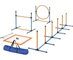 PawHut Agility rinkinys šunims 9 dalių agility įranga šunims mokyti Įtraukiamas kliūčių rinkinys su slalomo stulpais Šuolių lankas 2 reguliuojamo aukščio kamuoliai Kliūtys Koordinacijos lavinimas žaidimams Mokymas