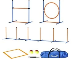 Pawhut Agility treniruočių įranga su reguliuojamo aukščio vikrumo kliūtimis, pinti stulpai, šuolių ringas, kliūčių rinkinys