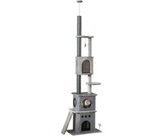 "PawHut Cat Tree" Aukšta kačių draskykė su katės nameliu, montuojama prie lubų, reguliuojamas aukštis 60 x 40 x 225-255 cm
