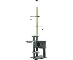 "PawHut Cat Tree" kačių medis lubos, reguliuojamo aukščio 220-265 cm aukščio kačių medis su sizalio stulpais, žaidimų kamuoliukas, reguliuojamo aukščio kačių draskyklė, kačių laipiojimo medis su kačių lova, kačių namelis, tamsiai pilkas