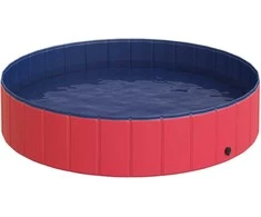Pawhut Didelis baseinas šunims, plaukimo baseinas iš PVC ir medžio, raudonas, Ø140xH30 cm