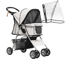 PawHut dog buggy vežimėlis šunims su apsauga nuo lietaus, sulankstomas vežimėlis šunims iki 20 kg, pilkos spalvos, su puodelio laikikliu ir tinkliniu langeliu, 75x45x97cm