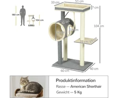 "PawHut" draskyklė 104cm su kamuoliuku ir 2 guoliavietėmis Kačių medis katėms iki 5kg, sizalis, pilkas